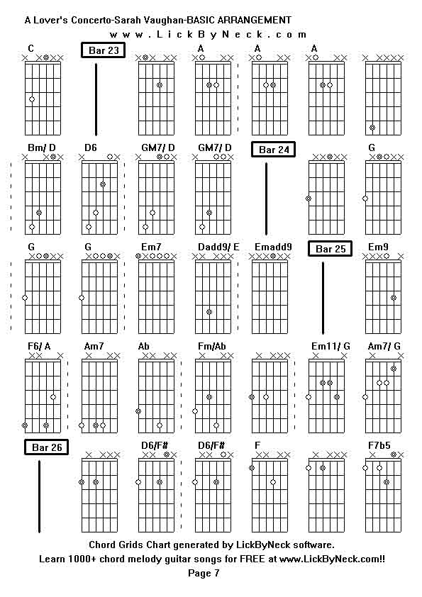 Chord Grids Chart of chord melody fingerstyle guitar song-A Lover's Concerto-Sarah Vaughan-BASIC ARRANGEMENT,generated by LickByNeck software.